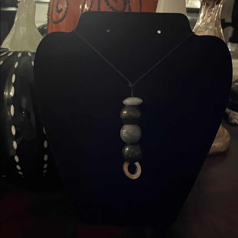 Boho Geometric Beaded Pendant Necklace – Neutral Statement (17”)